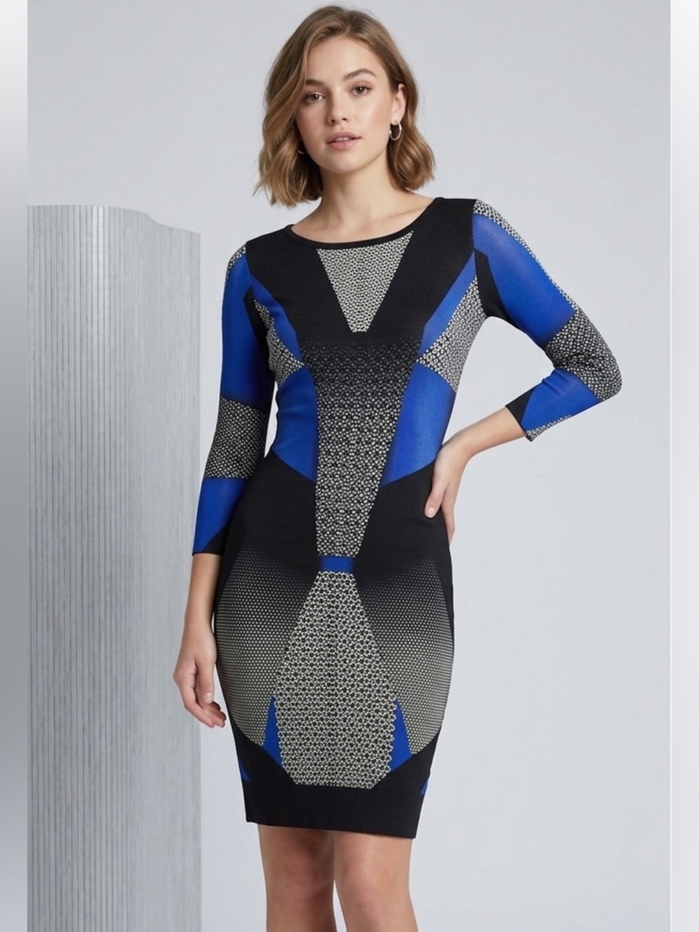 $228 BCBG Maxazria Women's Small Black Blue Stretch Bandage Dawson Bodycon Dress